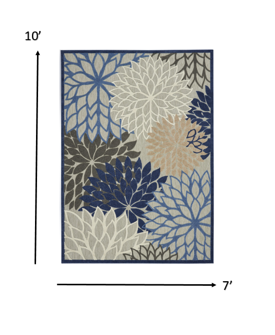 7' X 10' Blue And Gray Floral Indoor Outdoor Area Rug