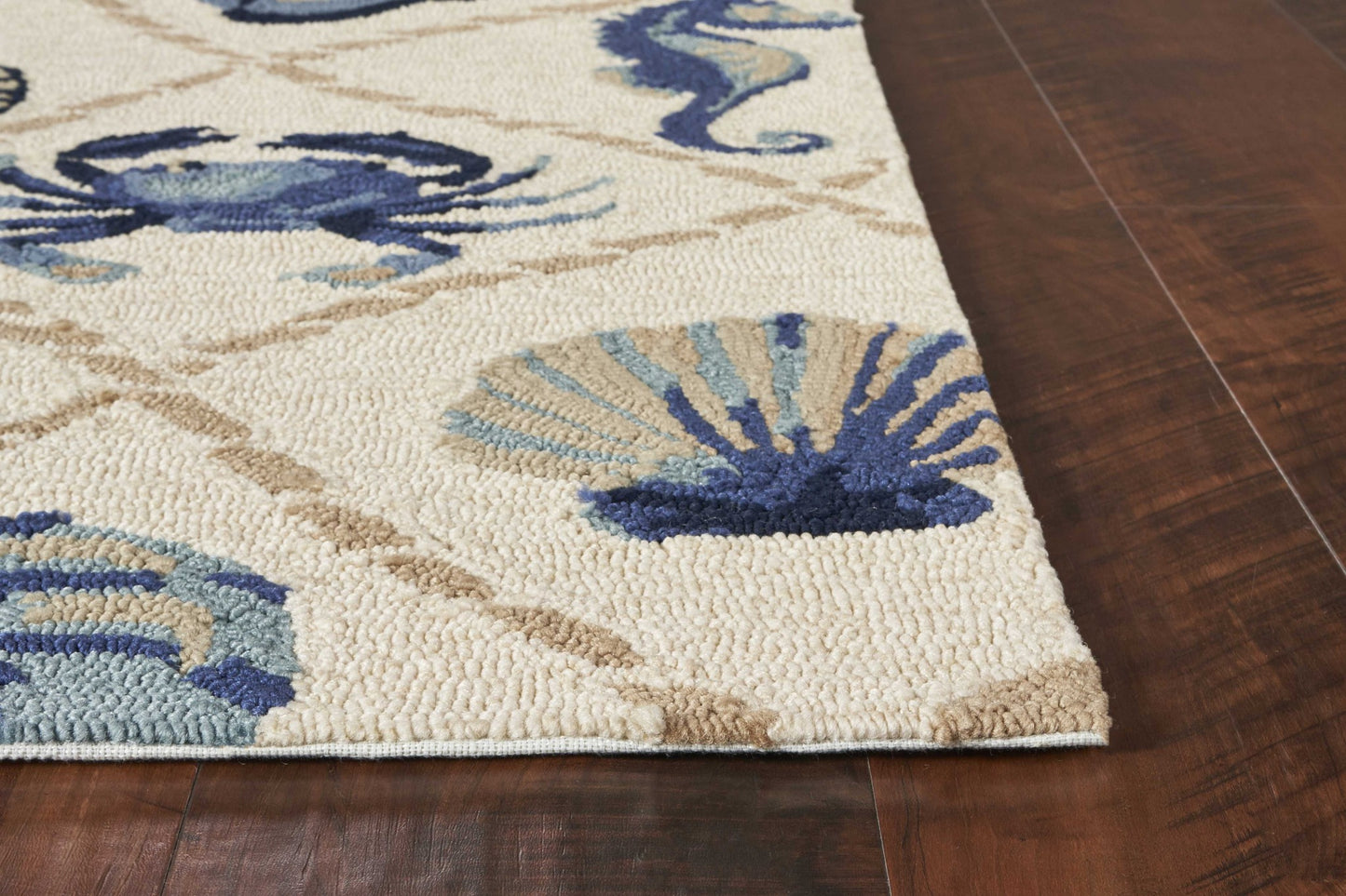 5'X8' Sand Beige Hand Hooked Uv Treated Coastal Sea Life Indoor Outdoor Area Rug