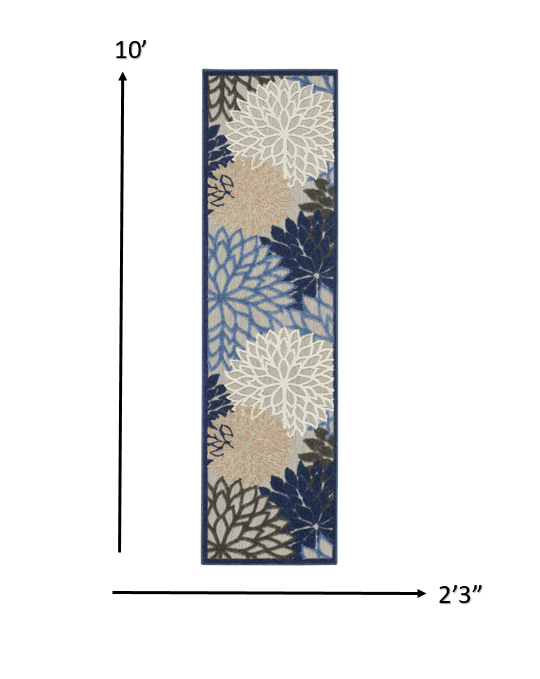 2' X 10' Blue And Gray Floral Indoor Outdoor Area Rug