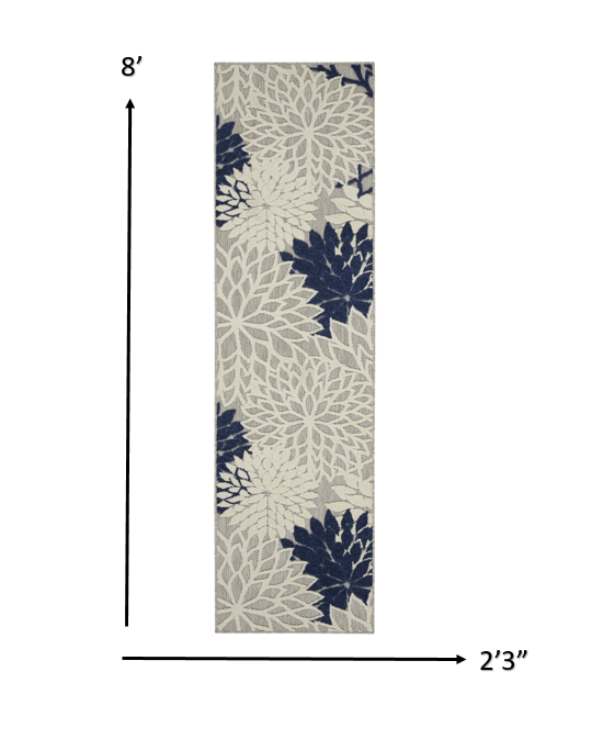 2' X 8' Ivory And Blue Floral Indoor Outdoor Area Rug