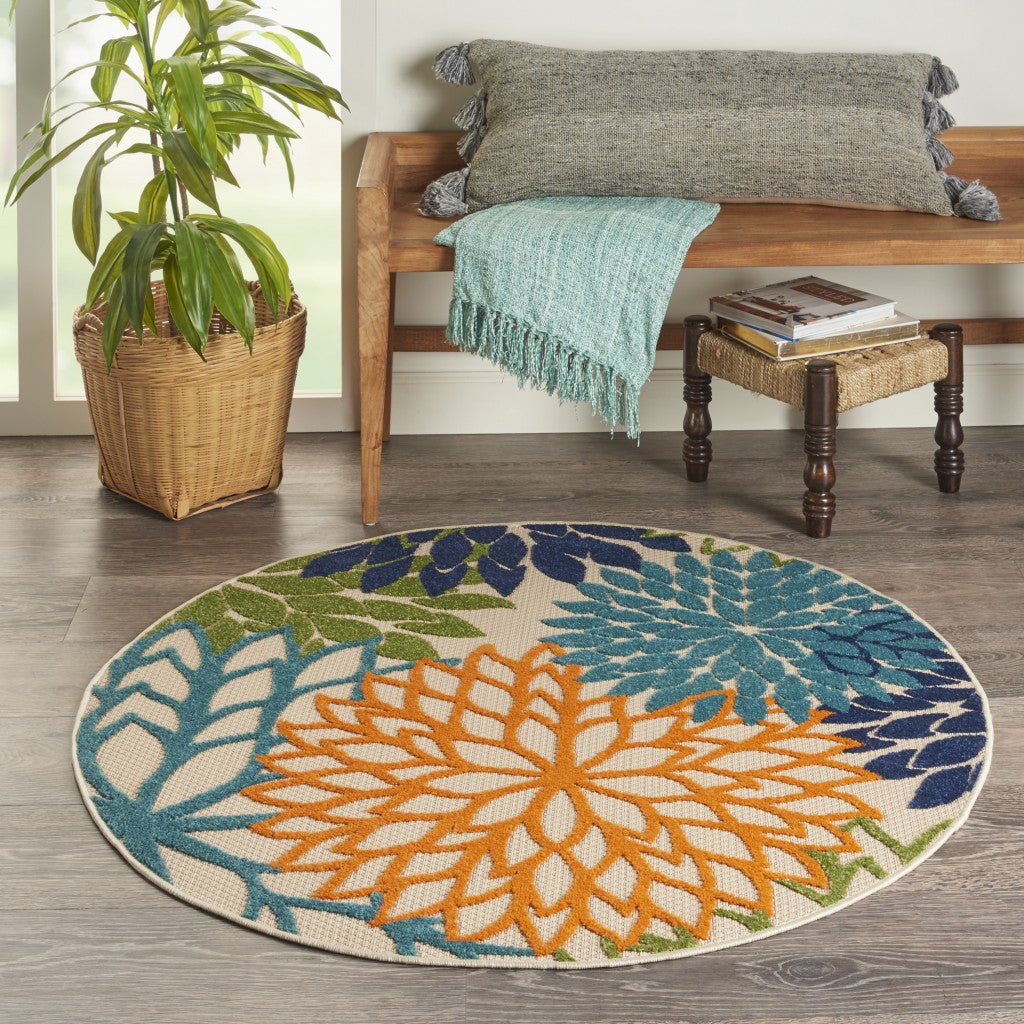 4' Round Ivory And Blue Round Floral Indoor Outdoor Area Rug