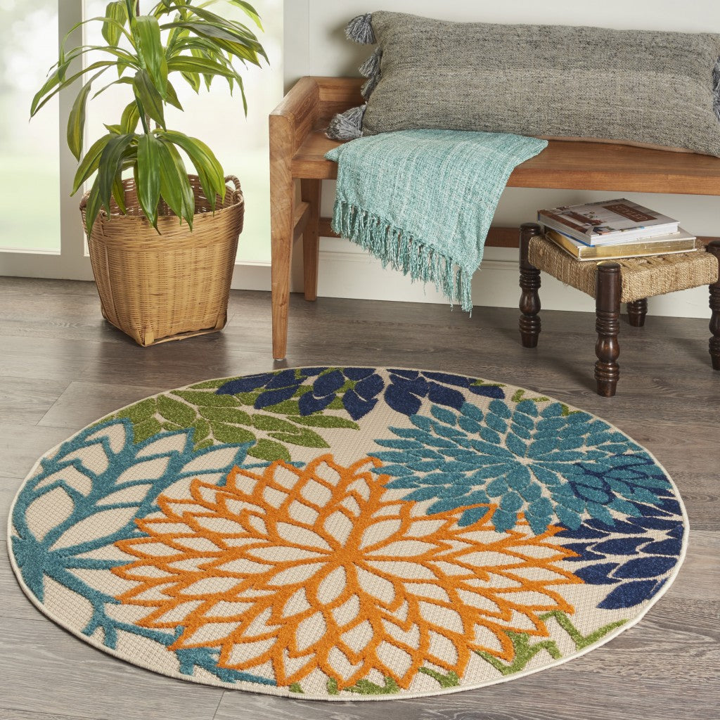 4' Round Ivory And Blue Round Floral Indoor Outdoor Area Rug