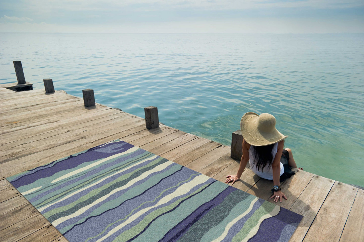 8'X10' Ocean Blue Hand Woven Uv Treated Ocean Waves Indoor Outdoor Area Rug