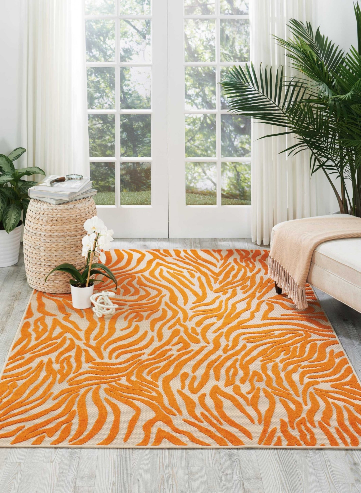 4' X 6' Orange And Ivory Abstract Stain Resistant Indoor Outdoor Area Rug