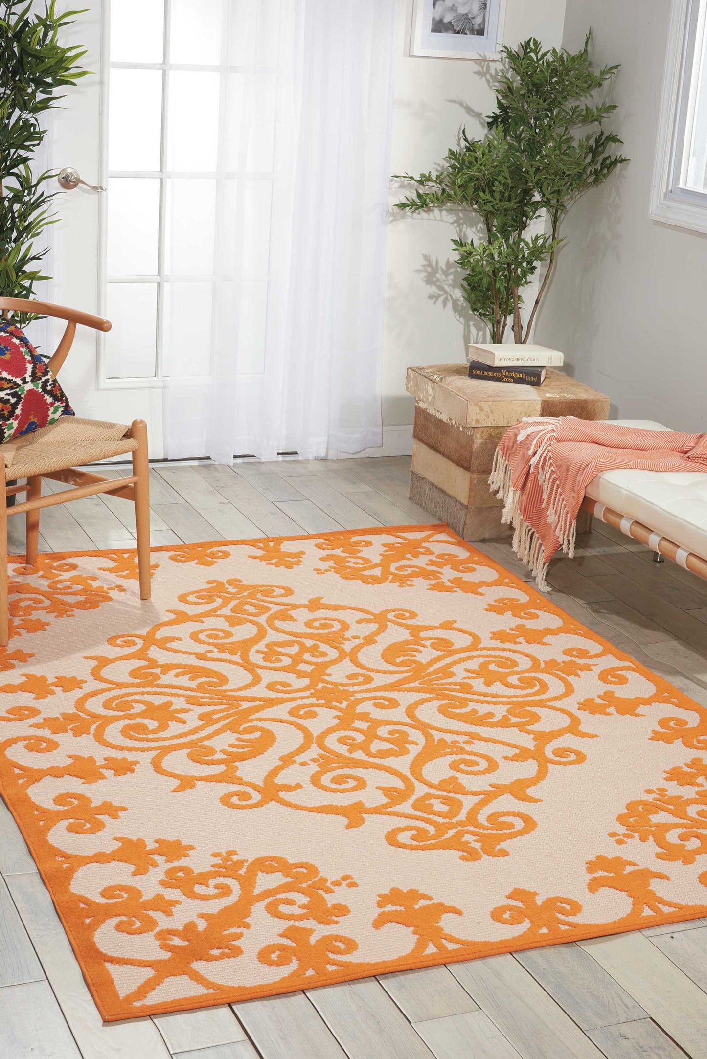 4' X 6' Orange And Ivory Damask Indoor Outdoor Area Rug