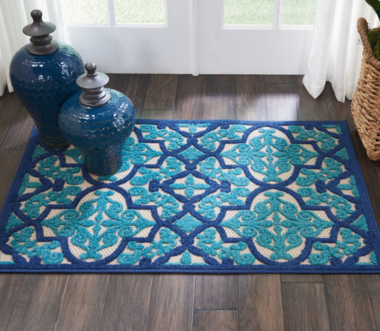 3' X 4' Blue And Ivory Moroccan Indoor Outdoor Area Rug