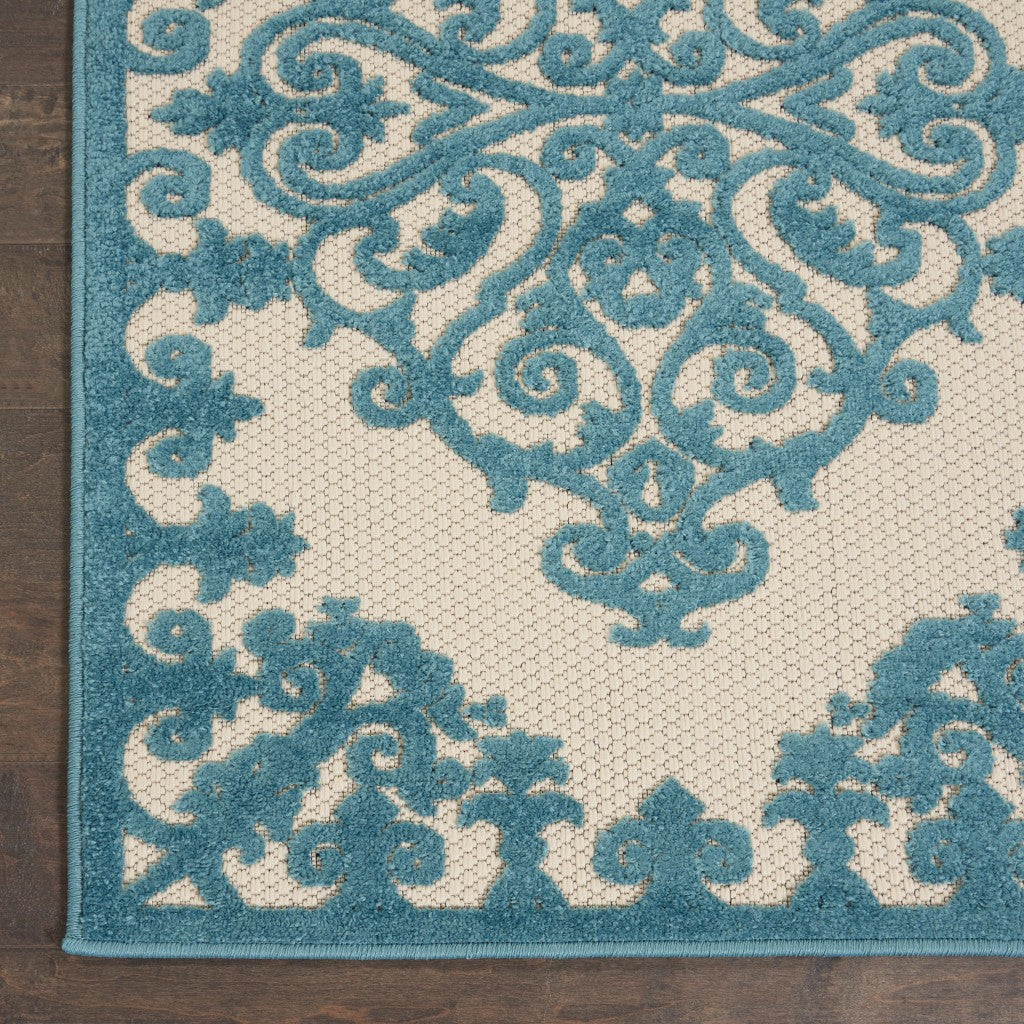 3' X 4' Aqua Damask Indoor Outdoor Area Rug