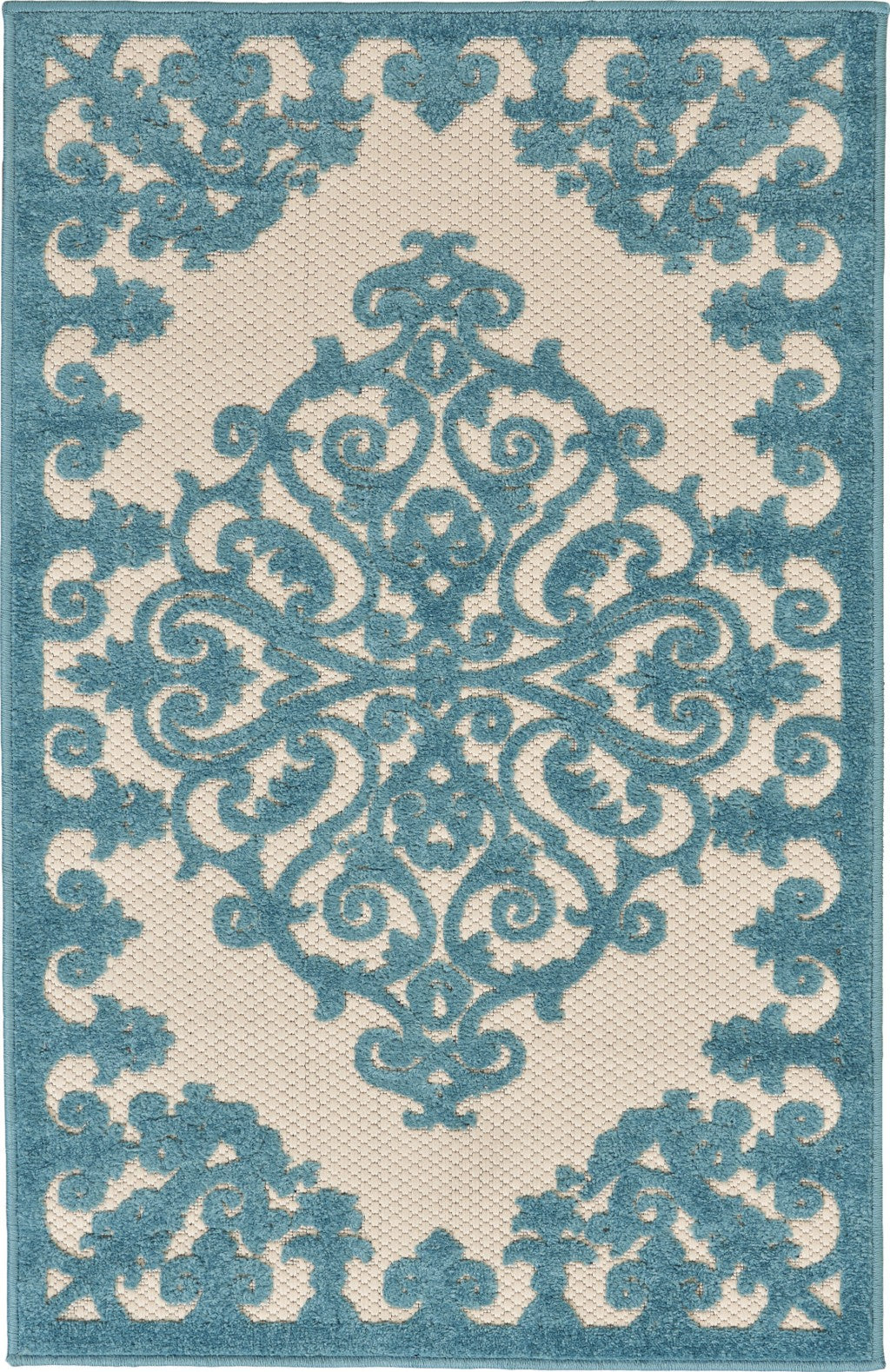 3' X 4' Aqua Damask Indoor Outdoor Area Rug