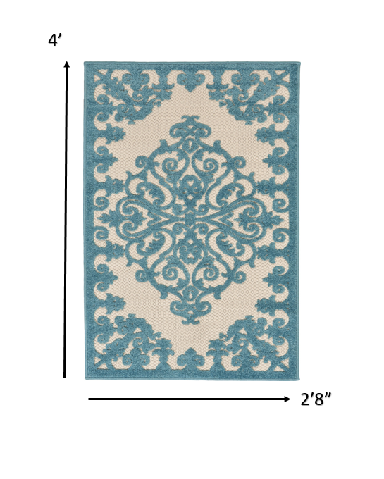 3' X 4' Aqua Damask Indoor Outdoor Area Rug