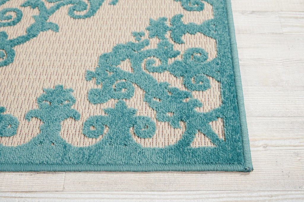 3' X 4' Aqua Damask Indoor Outdoor Area Rug