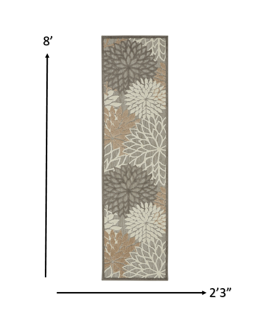 2' X 8' Gray And Ivory Floral Indoor Outdoor Area Rug