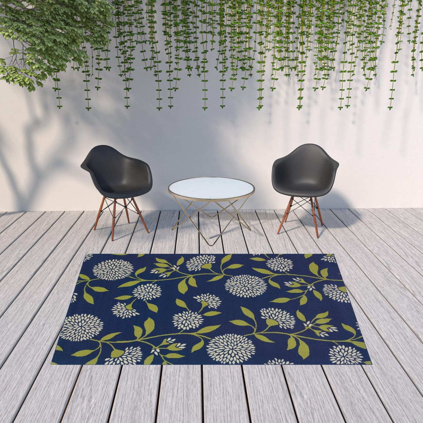 Blue and Green Floral Indoor Outdoor Area Rug