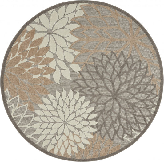 5' Round Gray And Ivory Round Floral Indoor Outdoor Area Rug