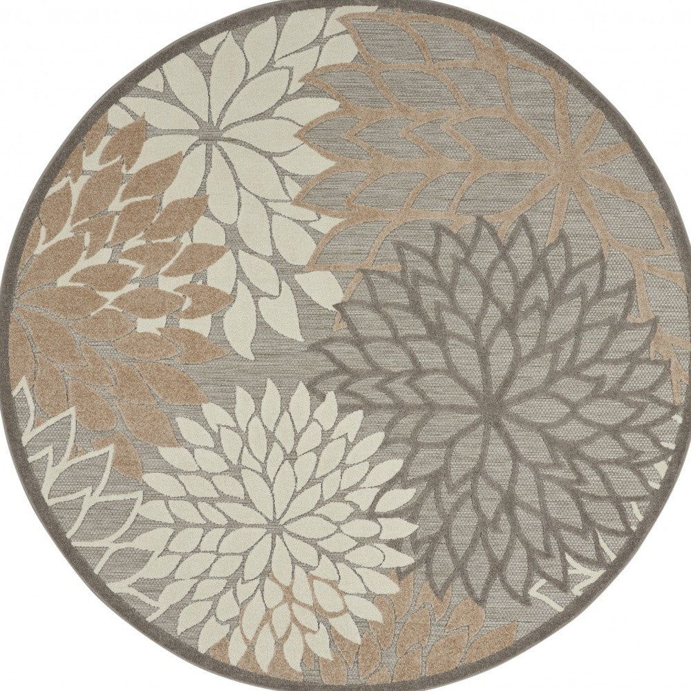 5' Round Gray And Ivory Round Floral Indoor Outdoor Area Rug