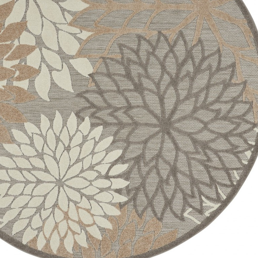 5' Round Gray And Ivory Round Floral Indoor Outdoor Area Rug