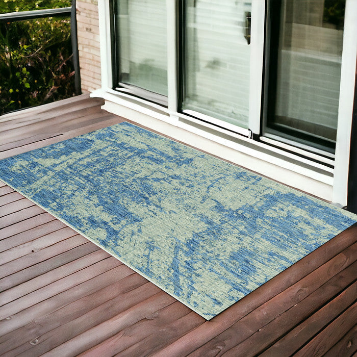 3'X5' Grey Denim Machine Woven Uv Treated Abstract Brushstroke Indoor Outdoor Area Rug