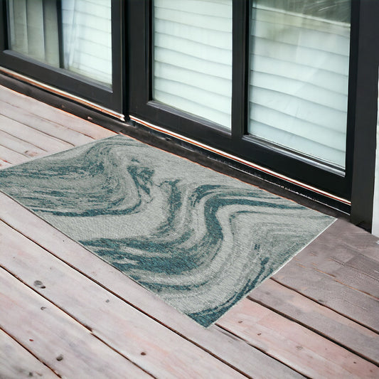 3'X5' Grey Teal Machine Woven Uv Treated Abstract Waves Indoor Outdoor Area Rug