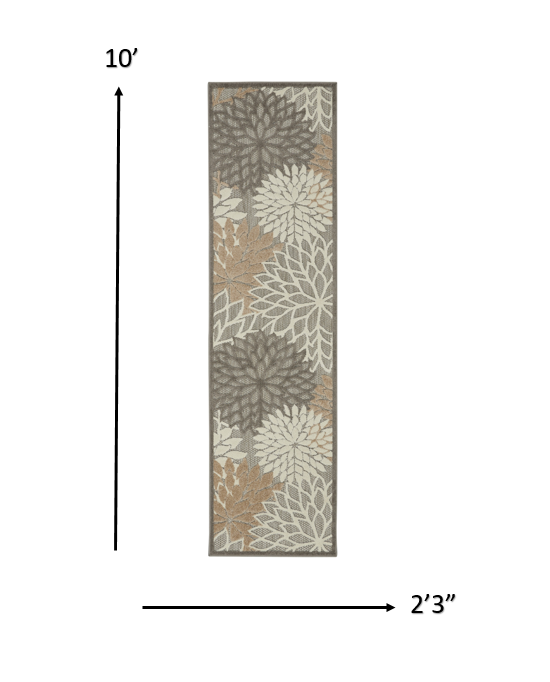 2' X 10' Gray And Ivory Floral Indoor Outdoor Area Rug