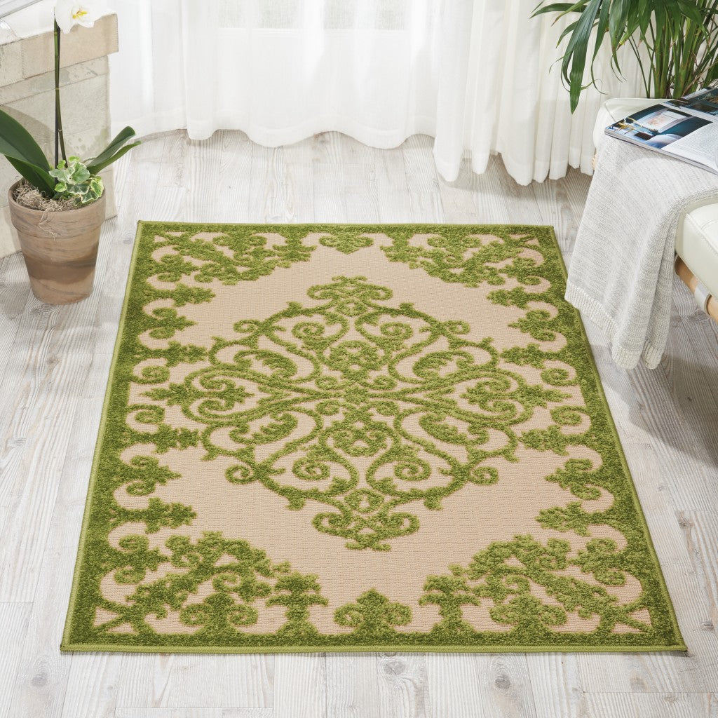 3' X 4' Green Damask Indoor Outdoor Area Rug