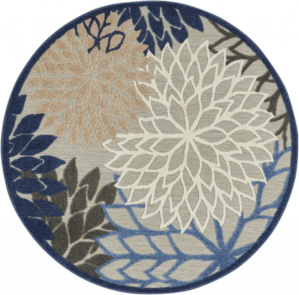 4' Round Blue And Gray Round Floral Indoor Outdoor Area Rug