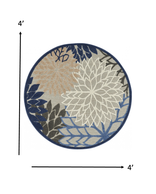 4' Round Blue And Gray Round Floral Indoor Outdoor Area Rug