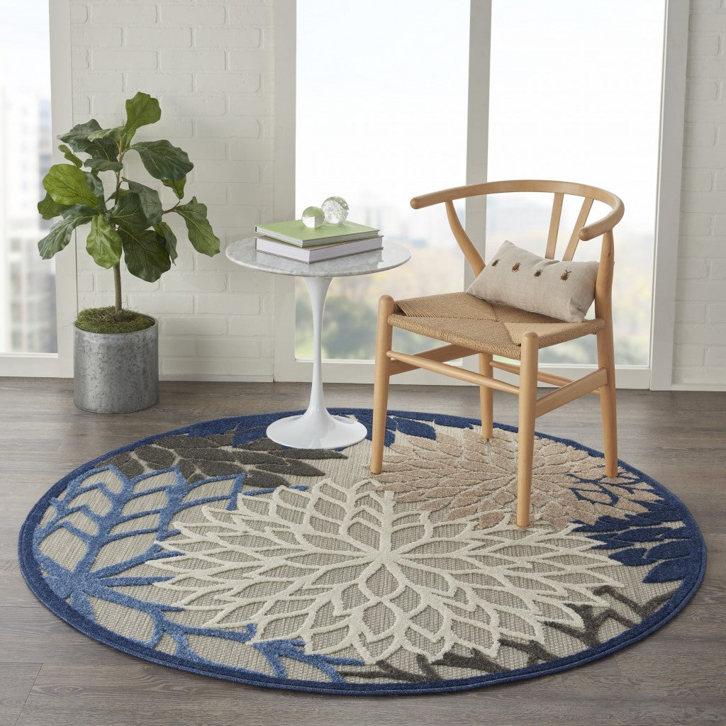 4' Round Blue And Gray Round Floral Indoor Outdoor Area Rug