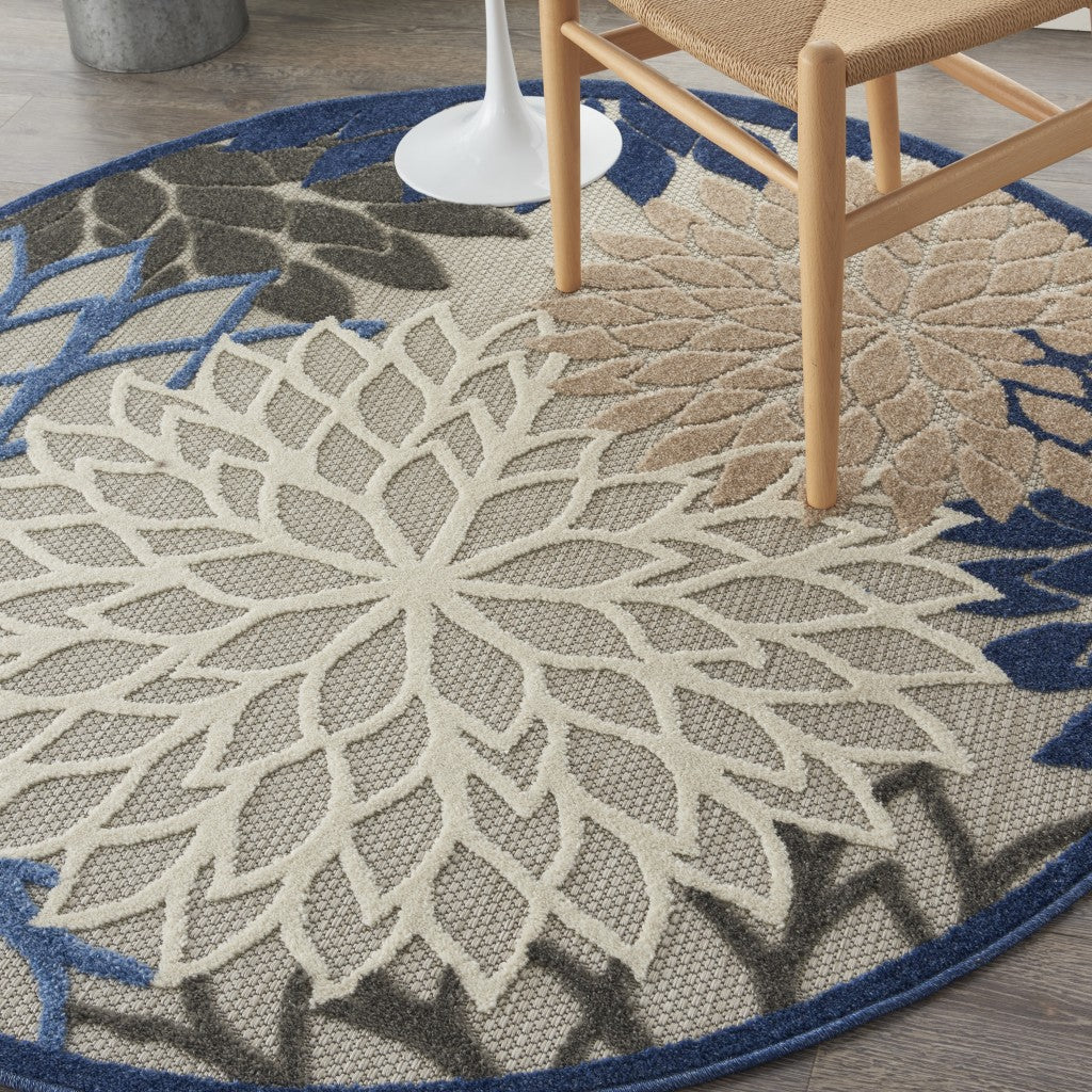 4' Round Blue And Gray Round Floral Indoor Outdoor Area Rug