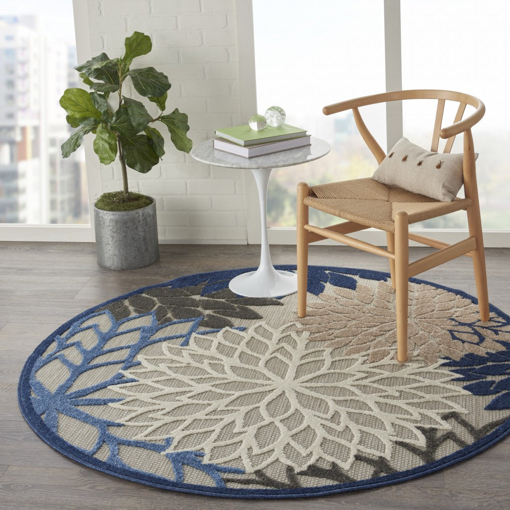 4' Round Blue And Gray Round Floral Indoor Outdoor Area Rug