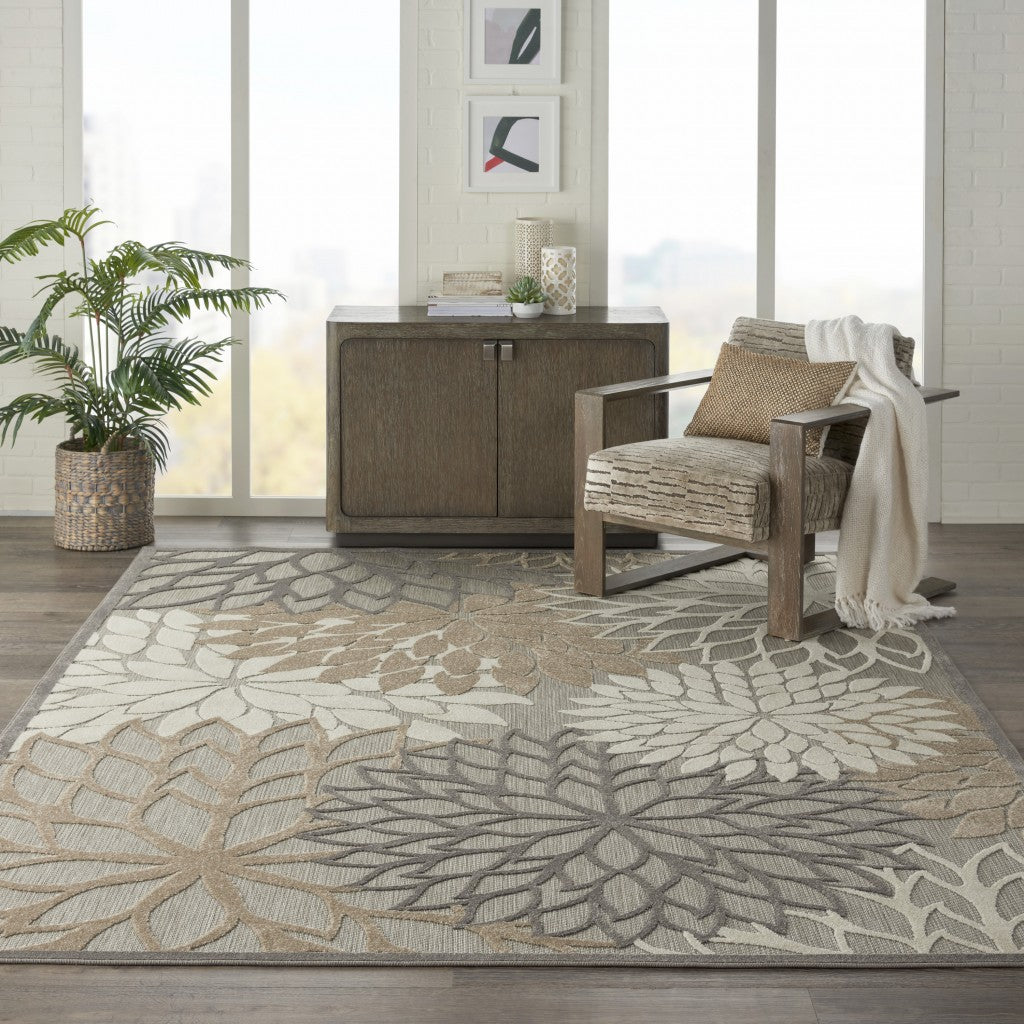 7' X 10' Gray And Ivory Floral Indoor Outdoor Area Rug