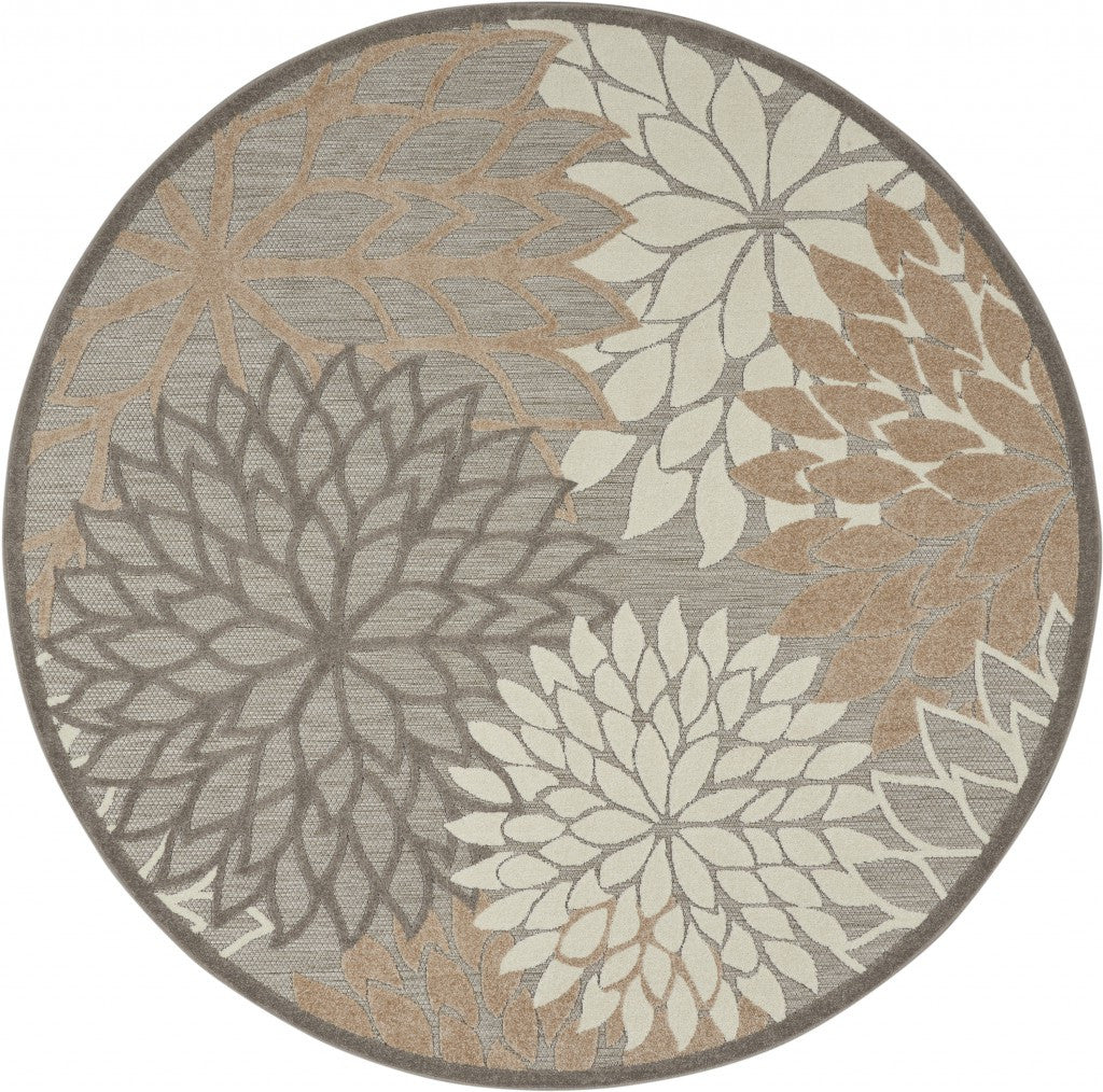 4' Round Gray And Ivory Round Floral Indoor Outdoor Area Rug