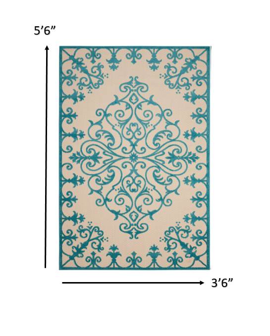 4' X 6' Aqua Damask Indoor Outdoor Area Rug