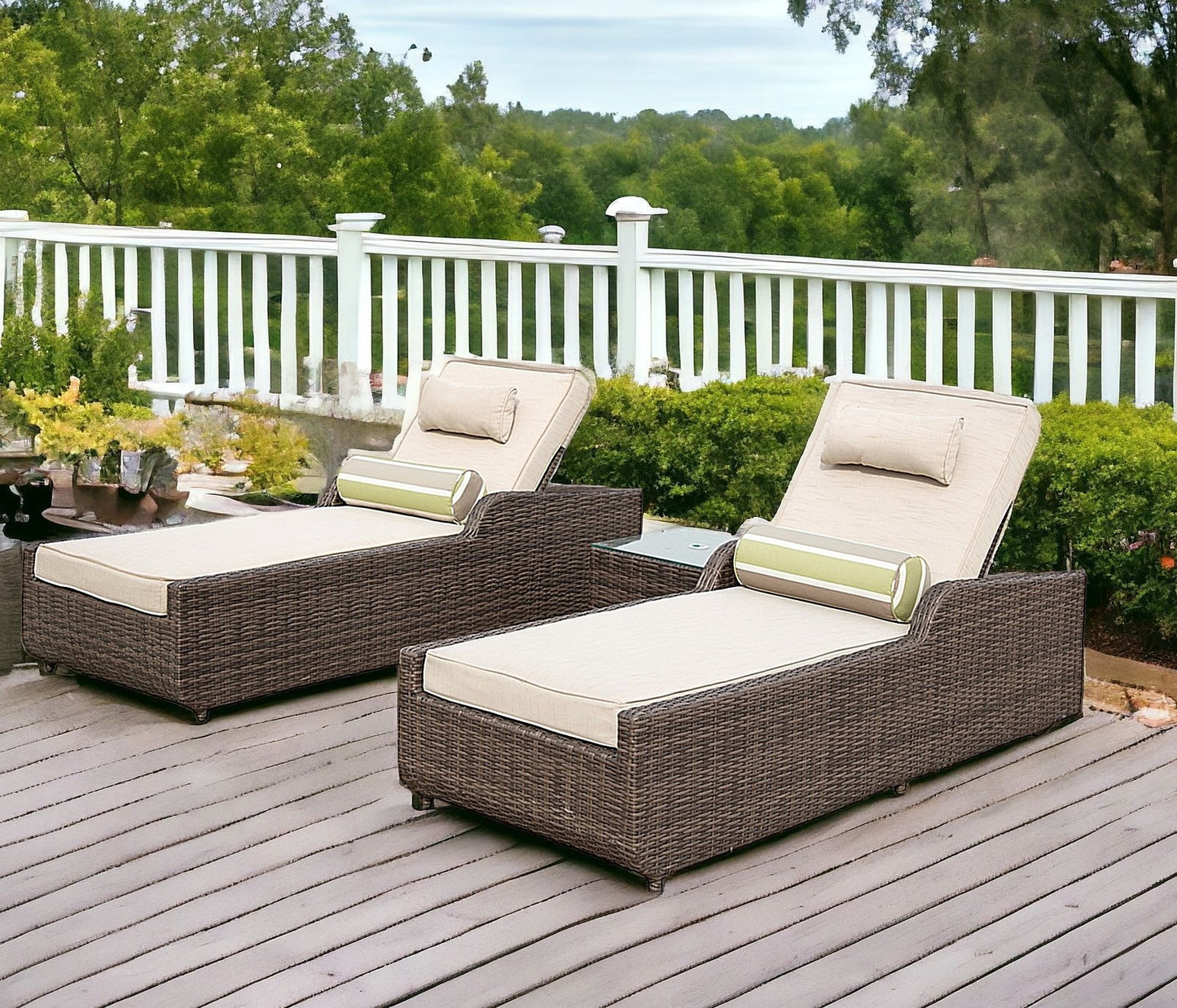 78" Set of Two Brown Indoor Outdoor Chaise Lounge with Beige Cushion