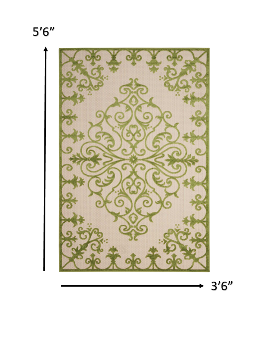 4' X 6' Green Damask Indoor Outdoor Area Rug