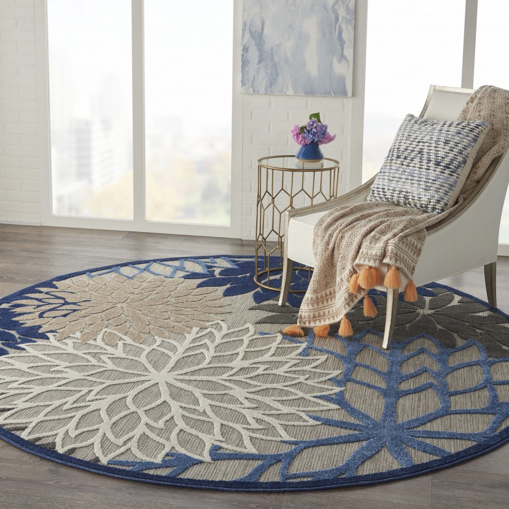 8' Round Blue And Gray Round Floral Indoor Outdoor Area Rug