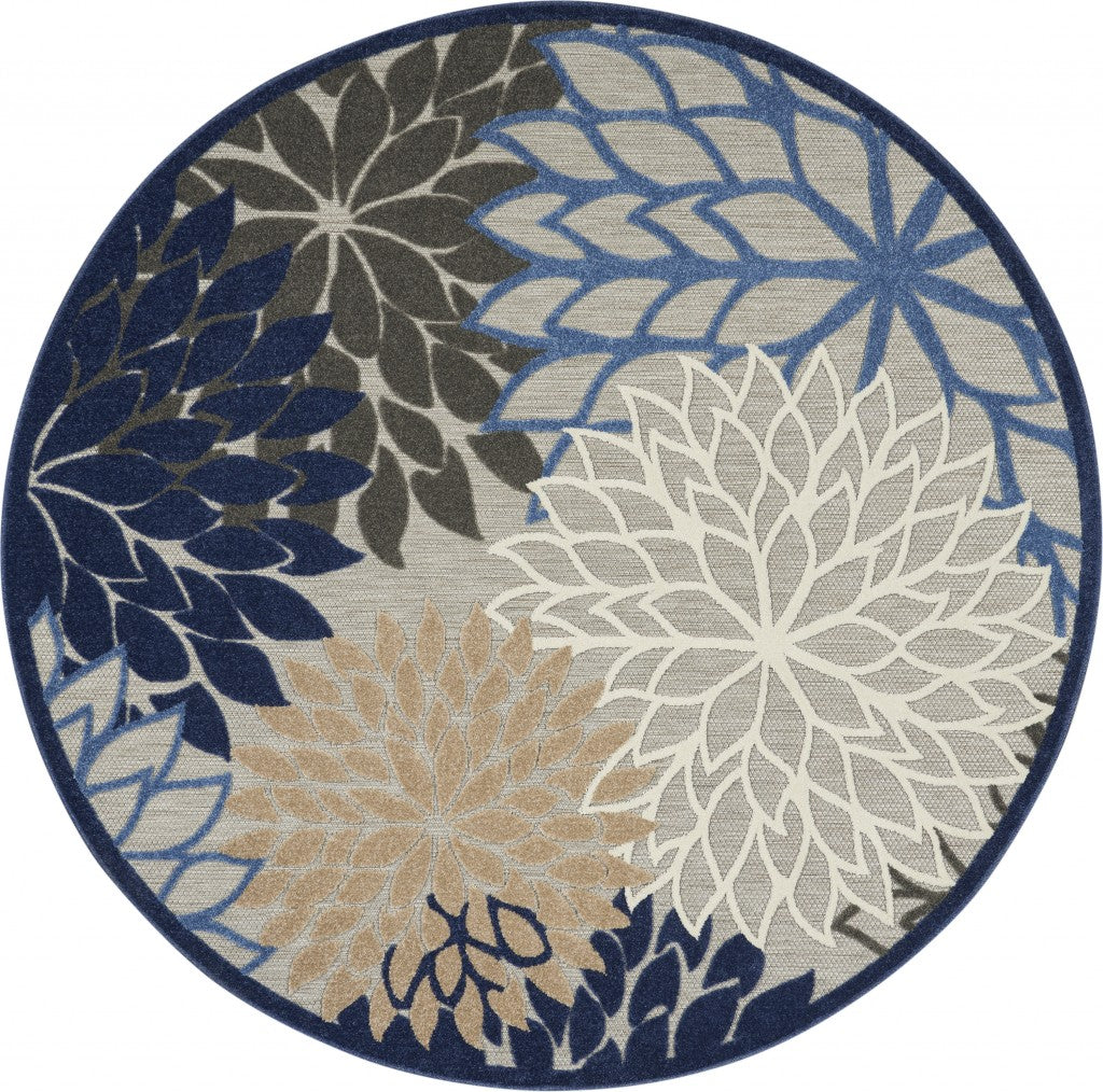 8' Round Blue And Gray Round Floral Indoor Outdoor Area Rug