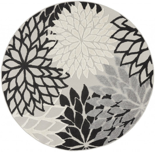 5' Round Black And White Round Floral Indoor Outdoor Area Rug