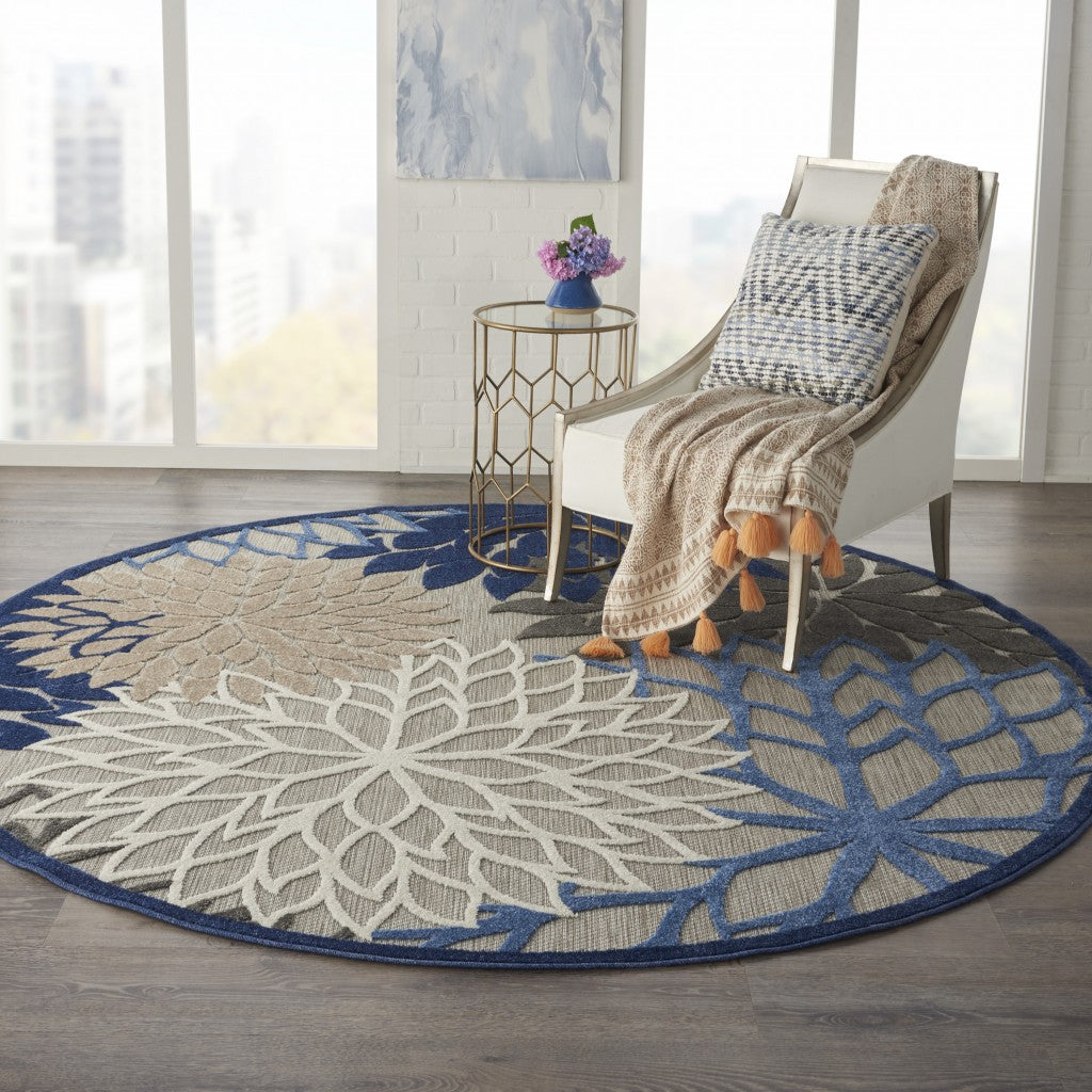 8' Round Blue And Gray Round Floral Indoor Outdoor Area Rug