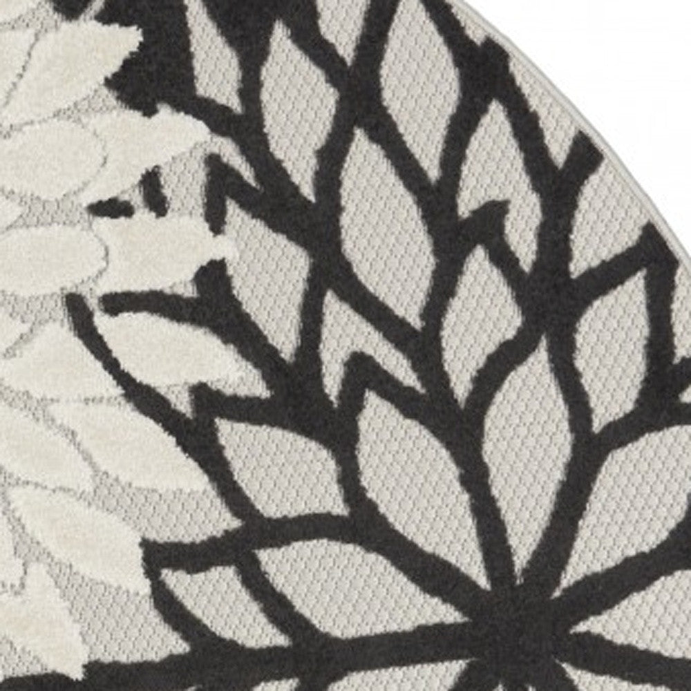 5' Round Black And White Round Floral Indoor Outdoor Area Rug