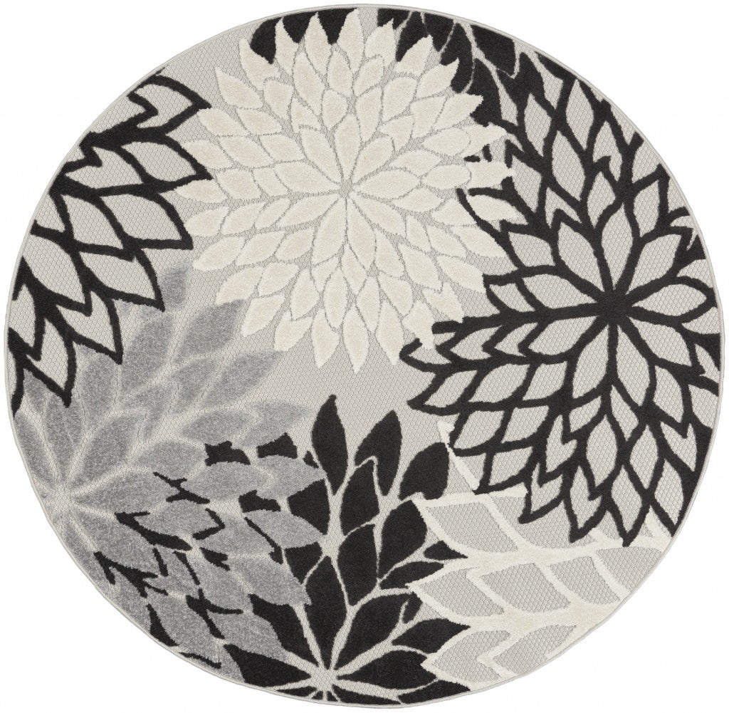 5' Round Black And White Round Floral Indoor Outdoor Area Rug