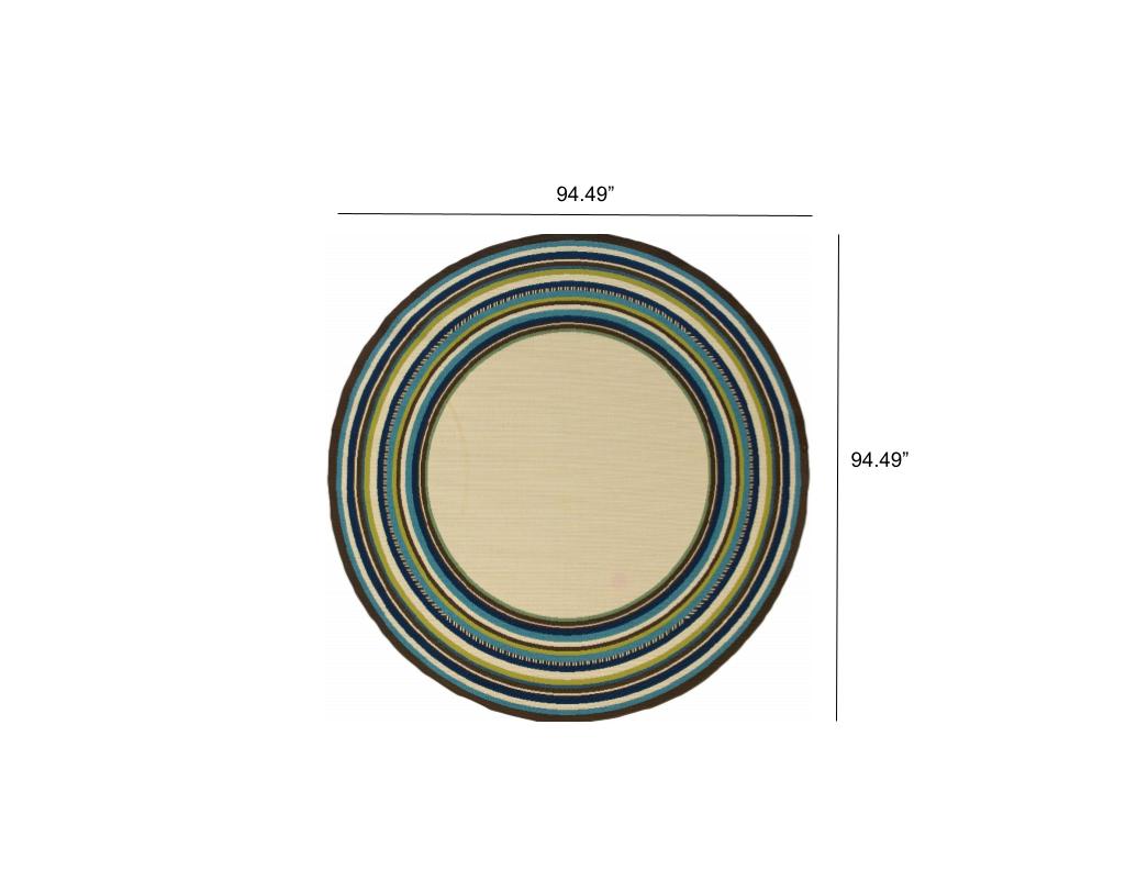 Ivory and Blue Round Striped Indoor Outdoor Area Rug