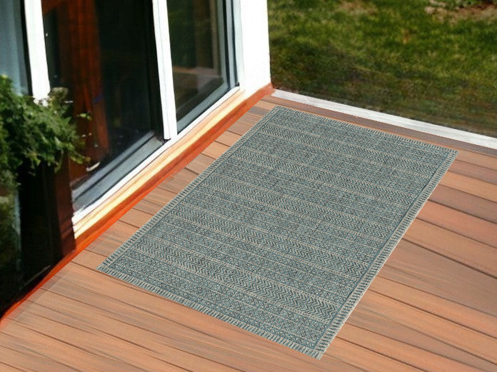 3'X5' Teal Machine Woven Uv Treated Tribal Indoor Outdoor Area Rug