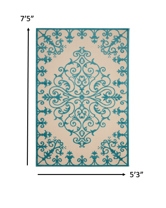 5' X 8' Aqua Damask Indoor Outdoor Area Rug