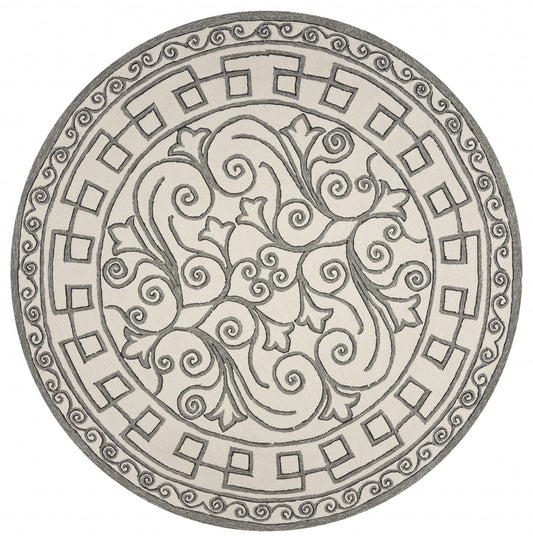 8' Ivory Grey Hand Woven Uv Treated Greek Key Medallion Round Indoor Outdoor Area Rug