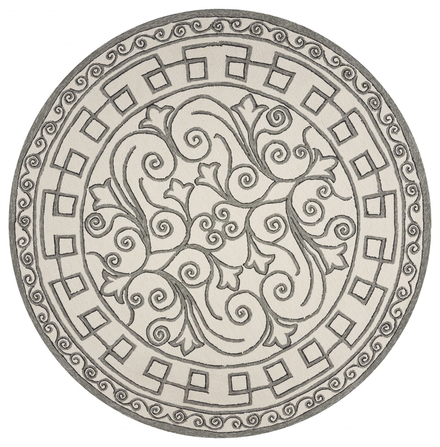 8' Ivory Grey Hand Woven Uv Treated Greek Key Medallion Round Indoor Outdoor Area Rug