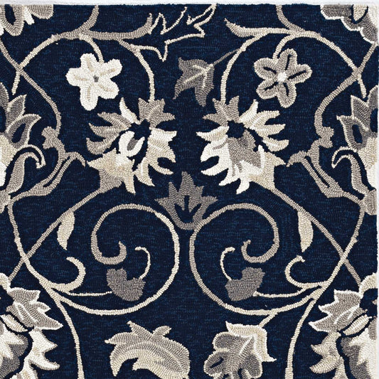 3'X5' Navy Blue Hand Hooked Uv Treated Traditional Floral Design Indoor Outdoor Rug