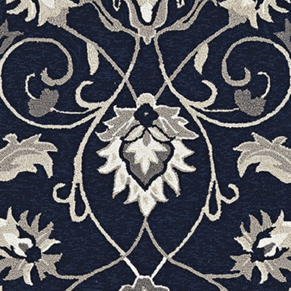 3'X5' Navy Blue Hand Hooked Uv Treated Traditional Floral Design Indoor Outdoor Rug