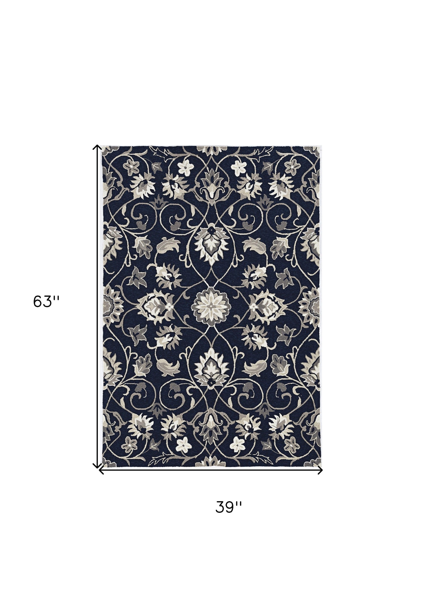 3'X5' Navy Blue Hand Hooked Uv Treated Traditional Floral Design Indoor Outdoor Rug