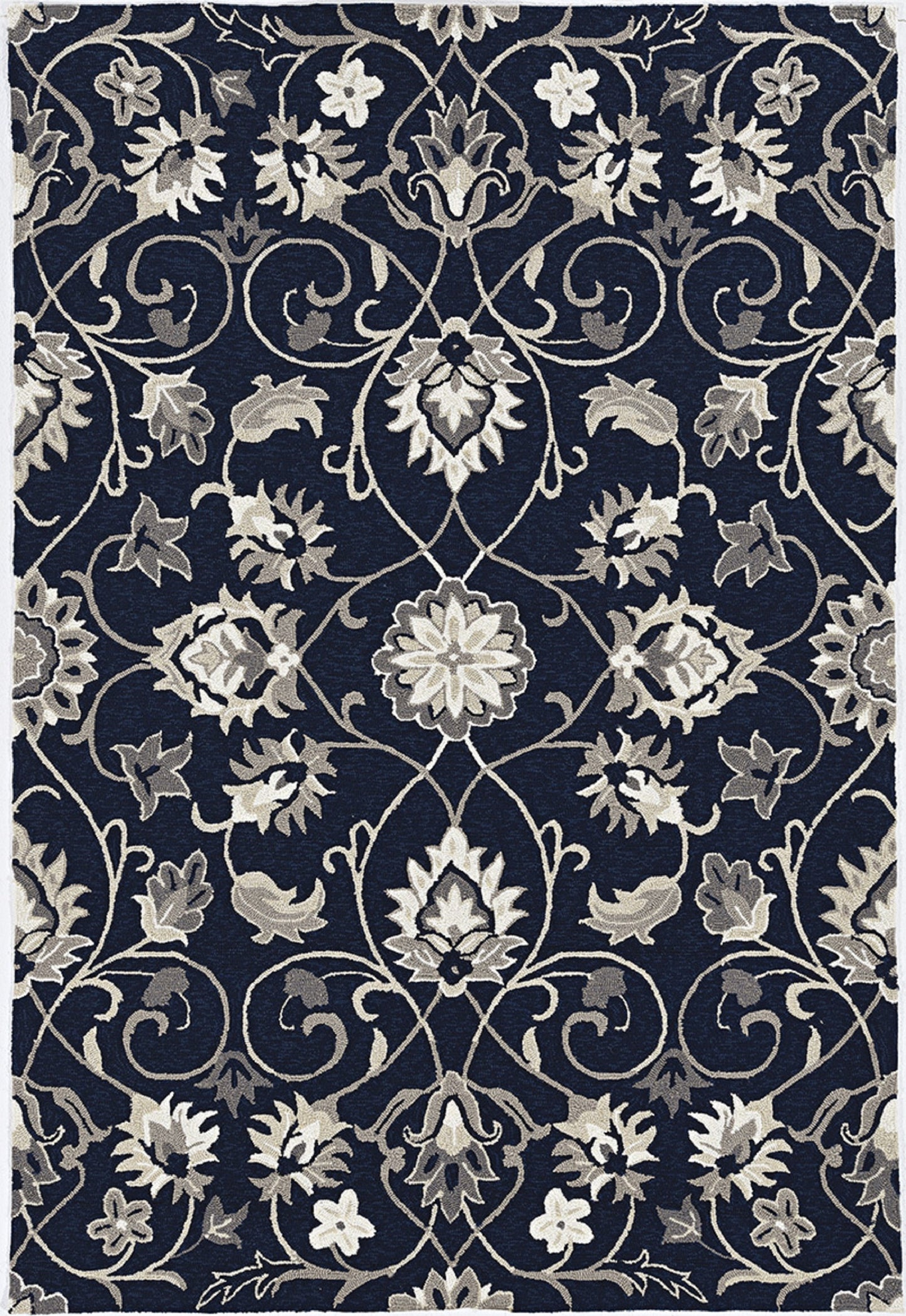 3'X5' Navy Blue Hand Hooked Uv Treated Traditional Floral Design Indoor Outdoor Rug