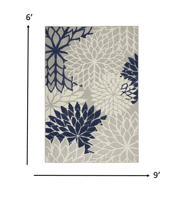 6' X 9' Ivory And Blue Floral Indoor Outdoor Area Rug