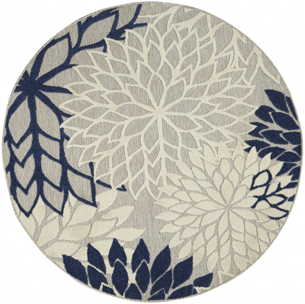 5' Round Ivory And Blue Round Floral Indoor Outdoor Area Rug